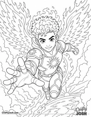A powerful solar superhero flies high above the clouds with giant fire wings, glowing armor, and a bright trail of sunlight stretching behind him.