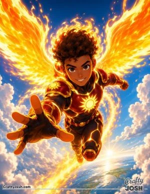 A powerful solar superhero flies high above the clouds with giant fire wings, glowing armor, and a bright trail of sunlight stretching behind him.