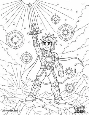 A brave superhero stands on a rocky hill at sunrise, lifting a magical solar-powered sword as glowing energy circles surround him beneath the bright ..