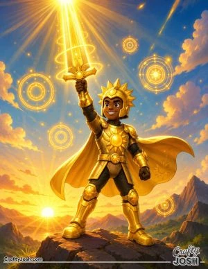 A brave superhero stands on a rocky hill at sunrise, lifting a magical solar-powered sword as glowing energy circles surround him beneath the bright ..