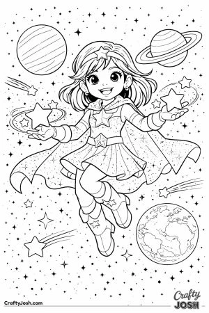 Cosmic Star Hero floats in space while glowing stars orbit around her hands, surrounded by planets and shooting stars.