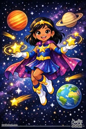 Cosmic Star Hero floats in space while glowing stars orbit around her hands, surrounded by planets and shooting stars.