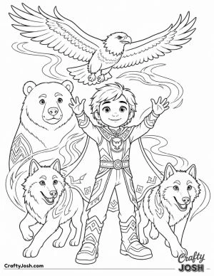A young superhero stands with his arms raised while an eagle, a bear, and two wolves gather around him in a peaceful mountain landscape filled with ..