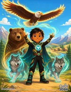 A young superhero stands with his arms raised while an eagle, a bear, and two wolves gather around him in a peaceful mountain landscape filled with ..