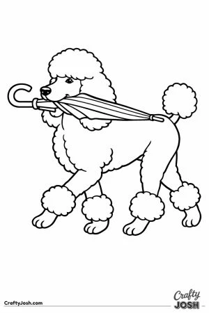 Standard poodle carrying a closed umbrella in its mouth