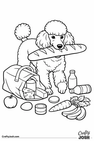 Standard poodle lifting a long loaf out of the shopping bag