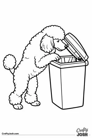 Standard poodle nosing open the lid of the kitchen bin