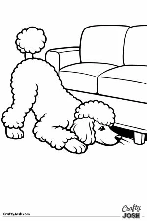 Standard poodle reaching a paw under the sofa
