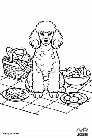 Standard poodle sitting in the middle of the picnic blanket