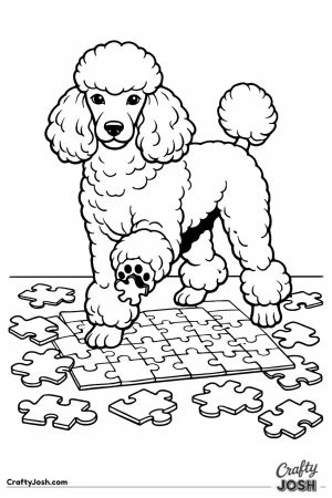Standard poodle standing in the middle of a scattered jigsaw