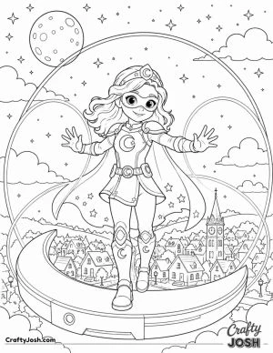 A graceful superhero girl stands on a floating crescent moon while creating glowing moonlight shields to protect a peaceful sleeping town below