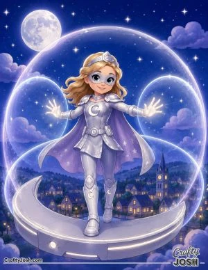 A graceful superhero girl stands on a floating crescent moon while creating glowing moonlight shields to protect a peaceful sleeping town below