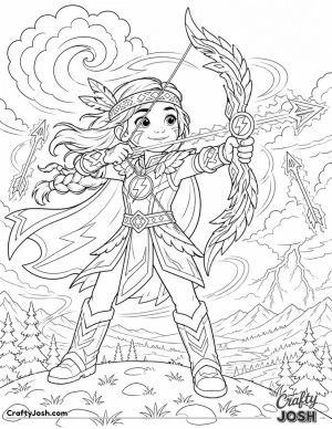A young superhero stands on a windy hill aiming a magical lightning bow while glowing energy arrows float beside her under swirling clouds and ..