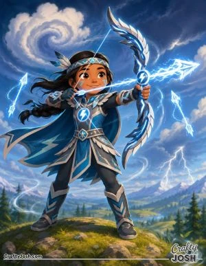 A young superhero stands on a windy hill aiming a magical lightning bow while glowing energy arrows float beside her under swirling clouds and ..