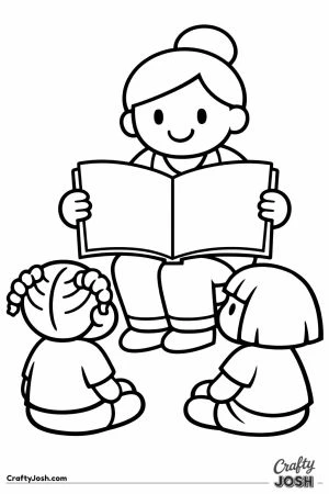 Story time with the teacher holding up an open book