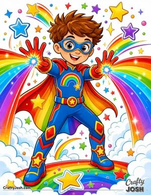 A cheerful superhero creates giant rainbow energy beams from both hands while standing among fluffy clouds, colorful stars, and magical energy, ..