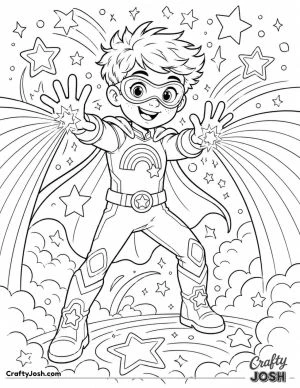 A cheerful superhero creates giant rainbow energy beams from both hands while standing among fluffy clouds, colorful stars, and magical energy, ..
