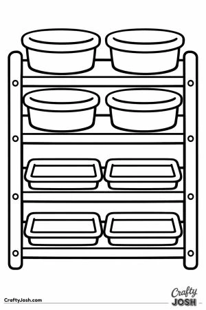 Tall shelf holding round tubs and flat trays