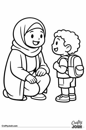 Teacher kneeling down to say hello to a new pupil