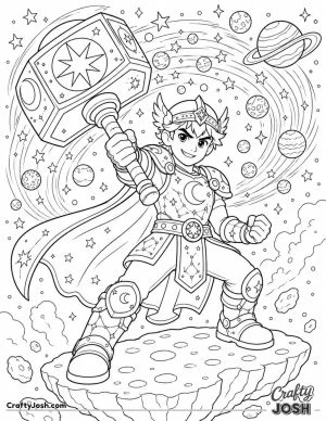A brave young cosmic superhero stands on a floating asteroid while swinging a giant magical hammer surrounded by stars, planets, and swirling galaxy ..