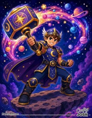 A brave young cosmic superhero stands on a floating asteroid while swinging a giant magical hammer surrounded by stars, planets, and swirling galaxy ..