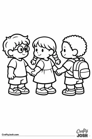 Three children holding hands in a line
