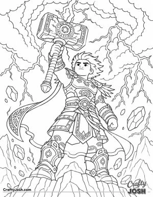 A brave young superhero stands on a mountain peak, raising a magical hammer as lightning fills the stormy sky and rocks float all around