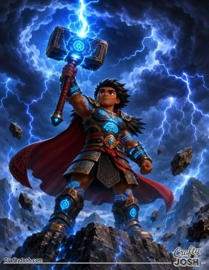 A brave young superhero stands on a mountain peak, raising a magical hammer as lightning fills the stormy sky and rocks float all around