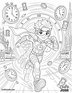 A speedy superhero races through a glowing time portal while giant clocks and hourglasses swirl around him on a futuristic street