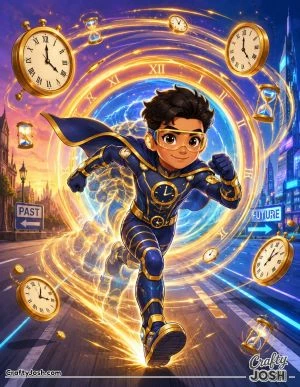 A speedy superhero races through a glowing time portal while giant clocks and hourglasses swirl around him on a futuristic street