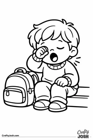 Tired child sitting on a step rubbing their eyes
