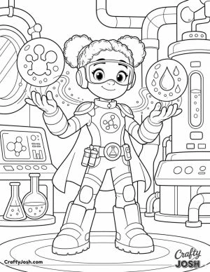 Superhero stands in a futuristic laboratory while safely controlling floating science bubbles that transform into harmless water droplets