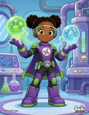 Superhero stands in a futuristic laboratory while safely controlling floating science bubbles that transform into harmless water droplets
