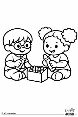 Two children sharing a crayon box on the floor