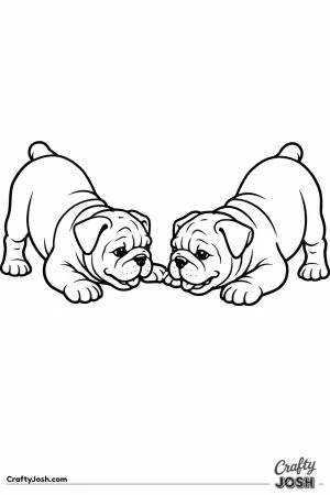 Two english bulldog puppies facing each other in a play bow