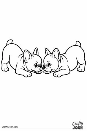 Two french bulldog puppies facing each other in a play bow