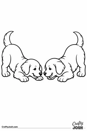 Two golden retriever puppies facing each other in a play bow