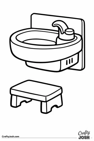 Water fountain at child height with a step stool