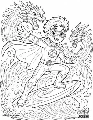 superhero surfs across a giant wave while two water dragons swirl around him, wearing an ocean-themed suit with a cape, gloves, boots, and an eye mask