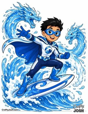 superhero surfs across a giant wave while two water dragons swirl around him, wearing an ocean-themed suit with a cape, gloves, boots, and an eye mask