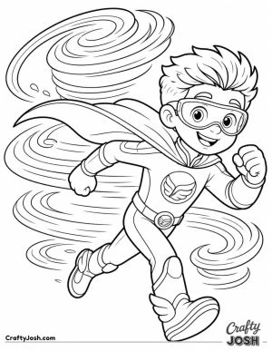 A smiling young superhero races forward at incredible speed while giant swirling wind trails spin behind him, wearing goggles, a cape, gloves, boots, ..