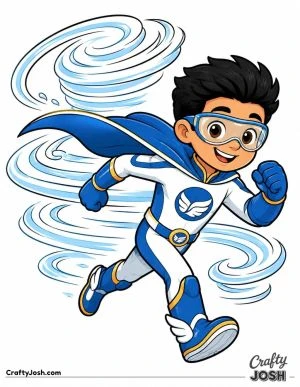 A smiling young superhero races forward at incredible speed while giant swirling wind trails spin behind him, wearing goggles, a cape, gloves, boots, ..