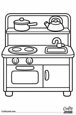 Wooden play kitchen with a pan and a kettle