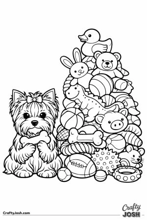 Yorkshire terrier beside a toy pile taller than itself