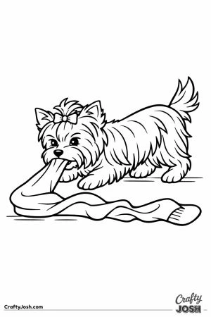 Yorkshire terrier dragging a sock backwards across the floor