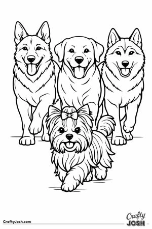 Yorkshire terrier leading three much bigger dogs along