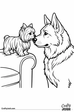 Yorkshire terrier on the sofa arm eye to eye with a huge dog