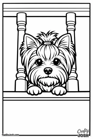 Yorkshire terrier peering down between the banister rails