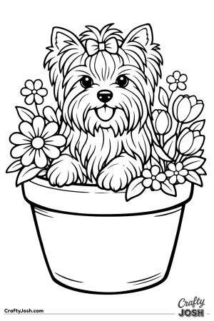 Yorkshire terrier standing among the flowers in a plant pot