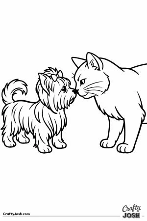 Yorkshire terrier standing its ground nose to nose with a cat